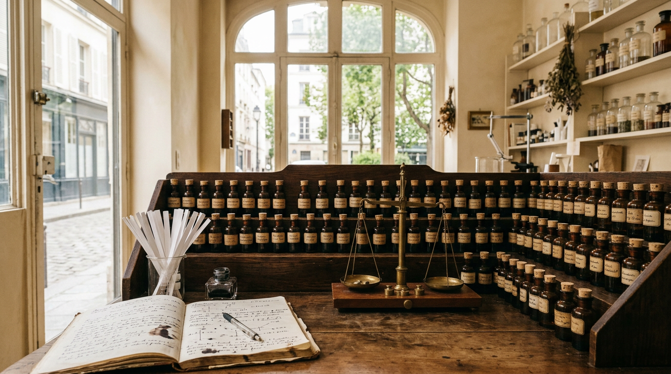 The perfumer's organ at the Limerence atelier in San Francisco, lined with amber vials